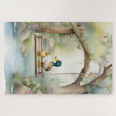 かわいい田舎の水色のアヒルがブランコに ジグソーパズル (横)