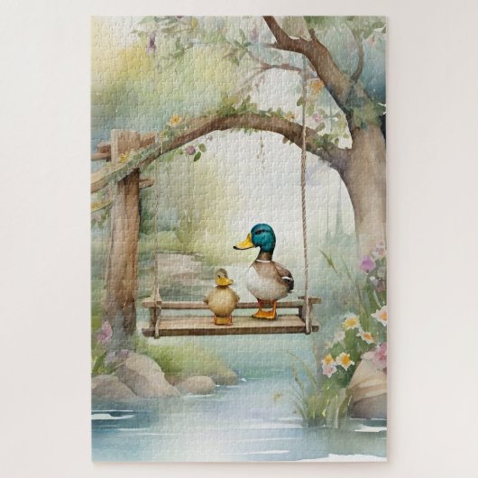 かわいい田舎の水色のアヒルがブランコに ジグソーパズル (縦)