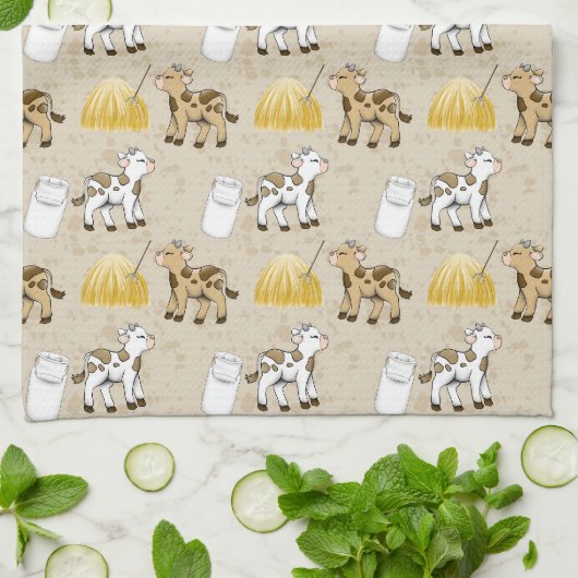 かわいい田舎の牛をタイル キッチンタオル (折り畳み)