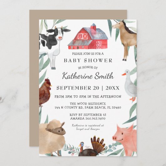 かわいい田舎の赤ちゃんシャワーが農場で 招待状 (正面/裏面)