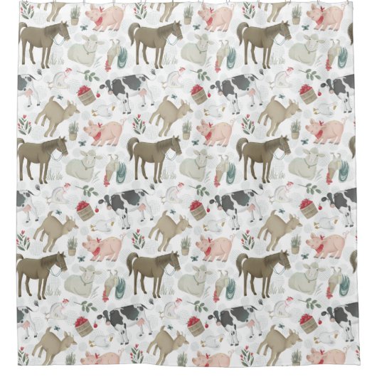 かわいい田舎の農家の動物の牛の羊の豚 シャワーカーテン (正面)