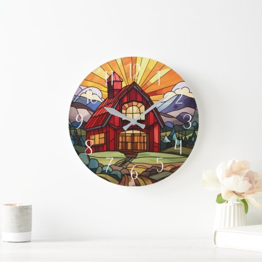 かわいい田舎農場フェイクのステンドグラス ラージ壁時計 (ホーム)