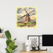 かわいい田舎風ビンテージオランダ風車水彩画 ポスター (ホームオフィス)