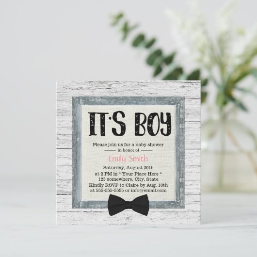 かわいい男の子が弓を結び木の素朴ベビーシャワー 招待状 (スタンド正面)