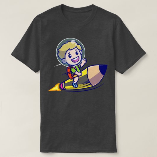 かわいい男の子が鉛筆ロケット漫画に乗る Tシャツ (デザイン正面)