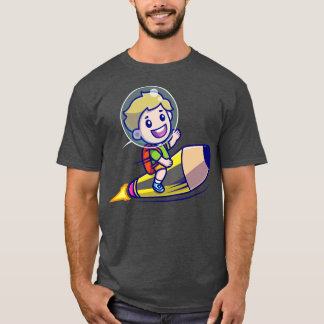 かわいい男の子が鉛筆ロケット漫画に乗る Tシャツ