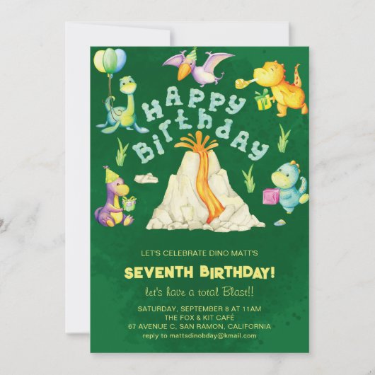 かわいい男の子たち火山の恐竜の誕生日パーティー 招待状 (正面)