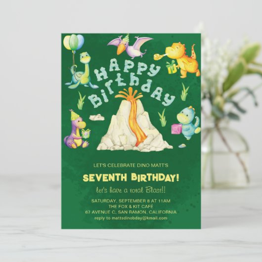 かわいい男の子たち火山の恐竜の誕生日パーティー 招待状 (スタンド正面)