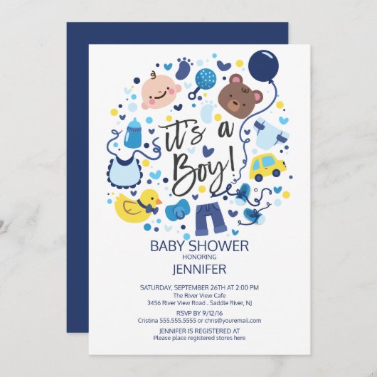 かわいい男の子だ！ボーイズ赤ちゃんシャワー招待状 招待状 (正面/裏面)