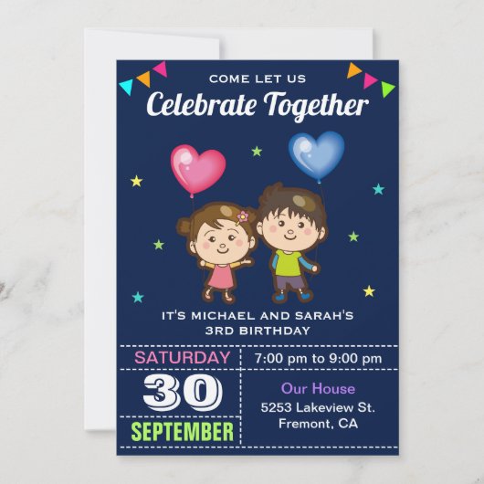 かわいい男の子と女の子の双子の誕生日パーティーの招待状 招待状 (正面)