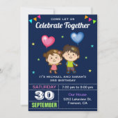 かわいい男の子と女の子の双子の誕生日パーティー招待状 招待状 (正面)