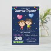 かわいい男の子と女の子の双子の誕生日パーティー招待状 招待状 (スタンド正面)