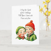 かわいい男の子と女の子の小妖精や小人クリスマス カード (黄色い花)