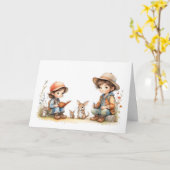 かわいい男の子と女の子読の本うさぎ花 カード (黄色い花)