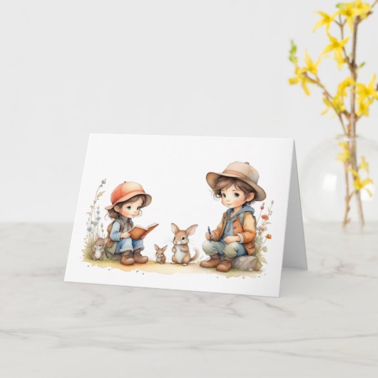 かわいい男の子と女の子読の本うさぎ花 カード (黄色い花)