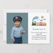 かわいい男の子と汽車の写真の1歳の誕生日パーティー 招待状 (正面)