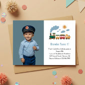 かわいい男の子と汽車の写真の1歳の誕生日パーティー 招待状