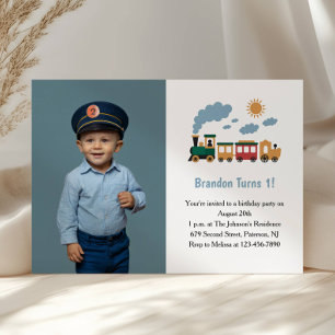 かわいい男の子と汽車の写真の1歳の誕生日パーティー 招待状