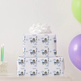 かわいい男の子と青い旅行飛行機の子供の1歳の誕生日 ラッピングペーパー