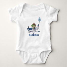 かわいい男の子と青い飛行機と恐竜の1歳の誕生日 ベビーボディスーツ