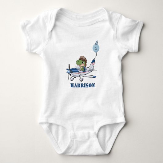 かわいい男の子と青い飛行機と恐竜の1歳の誕生日 ベビーボディスーツ (正面)