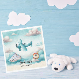 かわいい男の子と青い飛行機の旅行 - お子様の誕生日パーティーにカスタム スタンダードランチョンナプキン