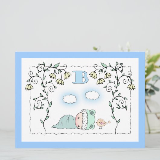 かわいい男の子のシャワー招待状ベビーと鳥 招待状 (スタンド正面)