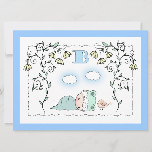 かわいい男の子のシャワー招待状ベビーと鳥 招待状 (正面)