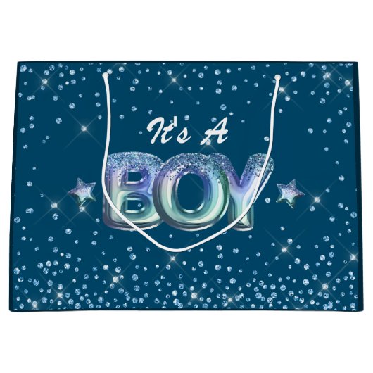 かわいい男の子のシャワー青いグリッタースターのグラデーション ラージペーパーバッグ (正面)