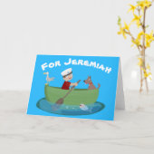 かわいい男の子のセーラーと犬のボートの漫画 カード (黄色い花)