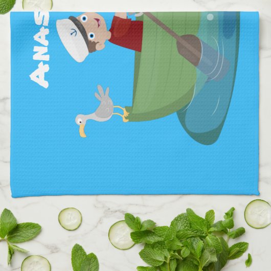 かわいい男の子のセーラーと犬のボートの漫画 キッチンタオル (折り畳み)