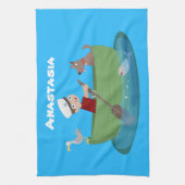 かわいい男の子のセーラーと犬のボートの漫画 キッチンタオル (縦)