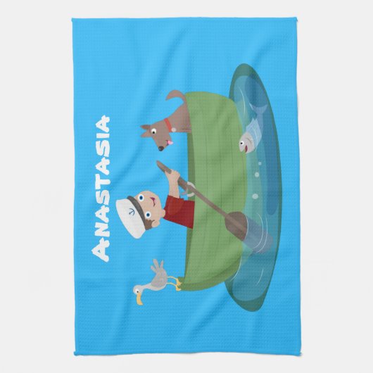 かわいい男の子のセーラーと犬のボートの漫画 キッチンタオル (縦)