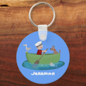 かわいい男の子のセーラーと犬のボートの漫画 キーホルダー (正面)