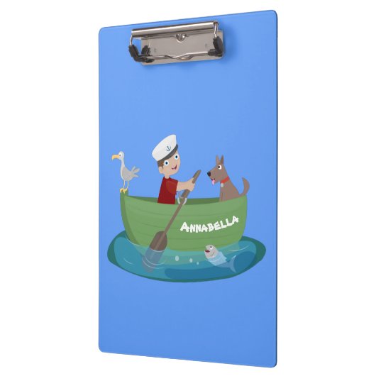 かわいい男の子のセーラーと犬のボートの漫画 クリップボード (左)