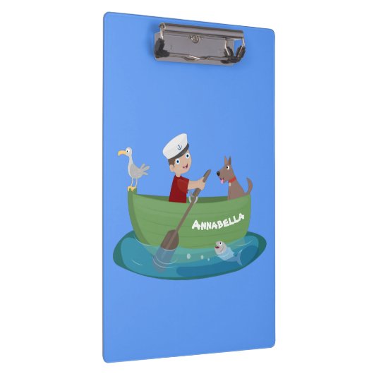 かわいい男の子のセーラーと犬のボートの漫画 クリップボード (右)