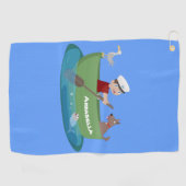 かわいい男の子のセーラーと犬のボートの漫画 ゴルフタオル (横)