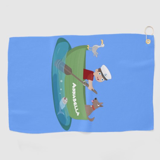 かわいい男の子のセーラーと犬のボートの漫画 ゴルフタオル (横)