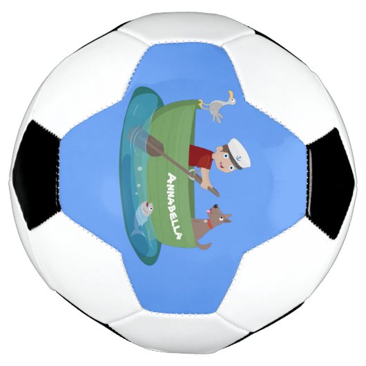 かわいい男の子のセーラーと犬のボートの漫画 サッカーボール (回転)