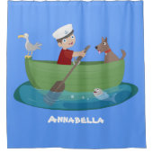 かわいい男の子のセーラーと犬のボートの漫画 シャワーカーテン (正面)