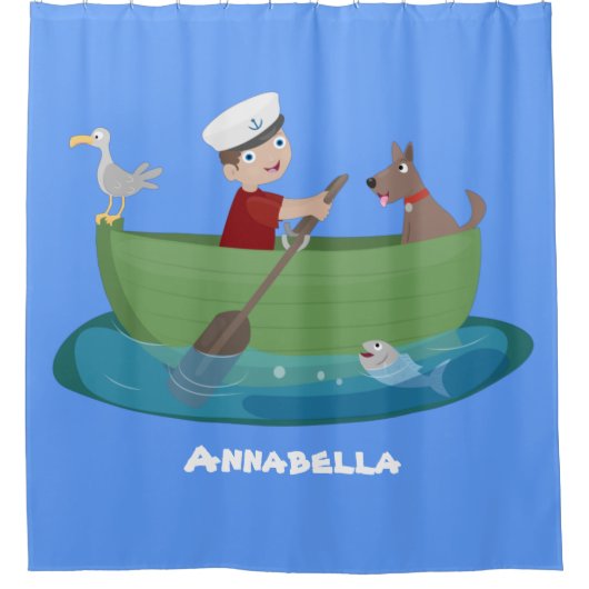 かわいい男の子のセーラーと犬のボートの漫画 シャワーカーテン (正面)