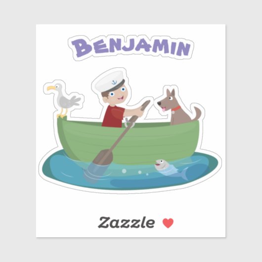 かわいい男の子のセーラーと犬のボートの漫画 シール (シート)