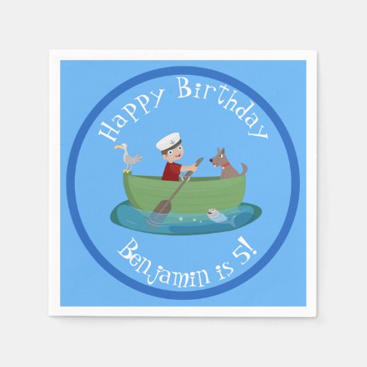 かわいい男の子のセーラーと犬のボートの漫画 スタンダードカクテルナプキン (正面)