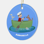 かわいい男の子のセーラーと犬のボートの漫画 セラミックオーナメント (左)