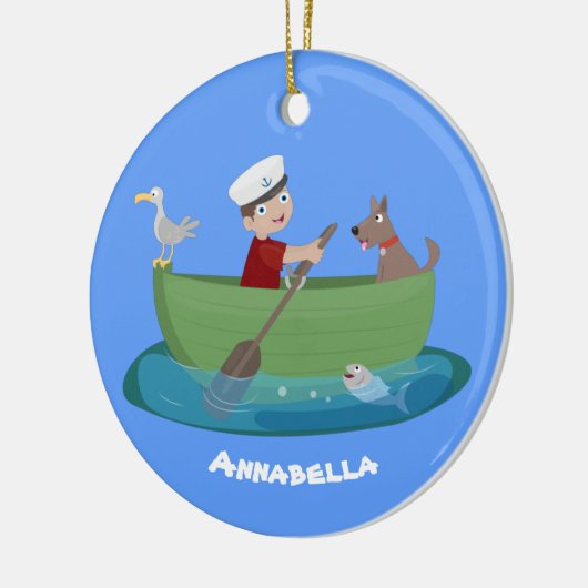 かわいい男の子のセーラーと犬のボートの漫画 セラミックオーナメント (左)