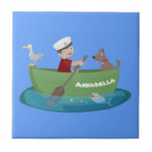 かわいい男の子のセーラーと犬のボートの漫画 タイル (正面)