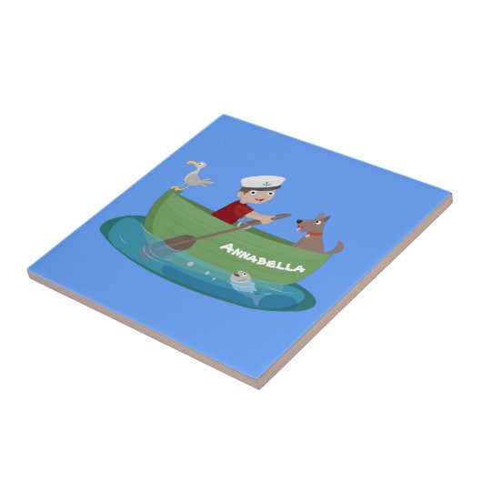 かわいい男の子のセーラーと犬のボートの漫画 タイル (側面)