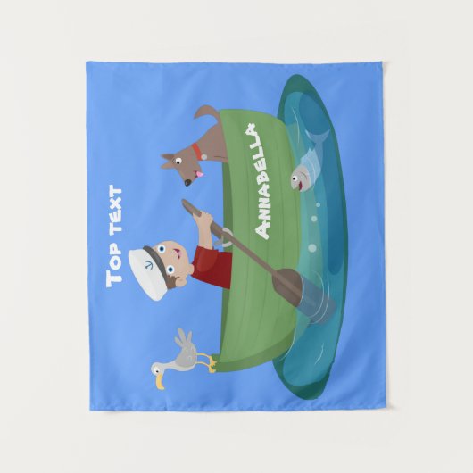 かわいい男の子のセーラーと犬のボートの漫画 タペストリー (正面)