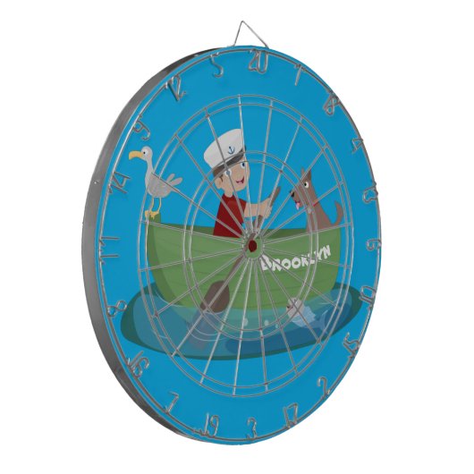 かわいい男の子のセーラーと犬のボートの漫画 ダーツボード (正面左)