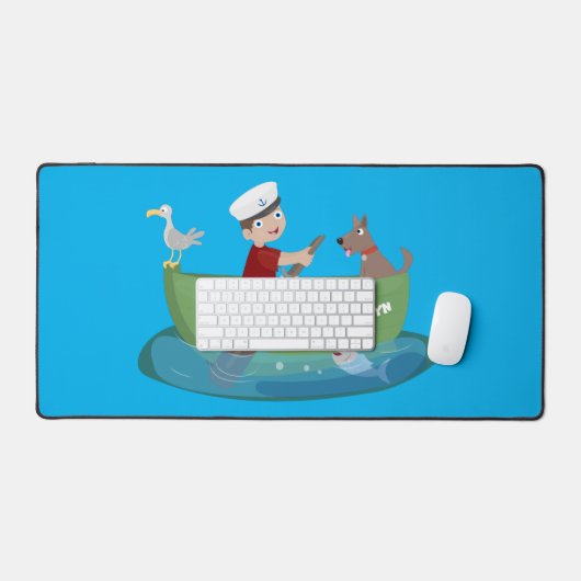 かわいい男の子のセーラーと犬のボートの漫画 デスクマット (キーボード&マウス)